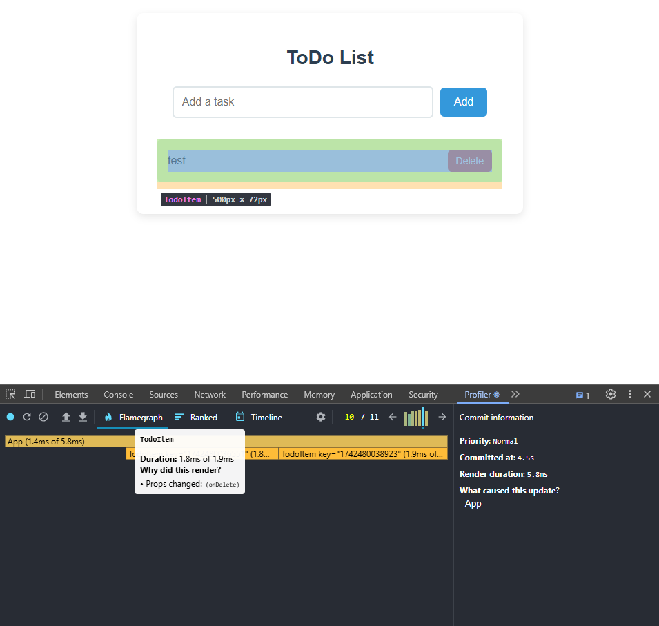 React DevTools flamegraph with a few rendered components
