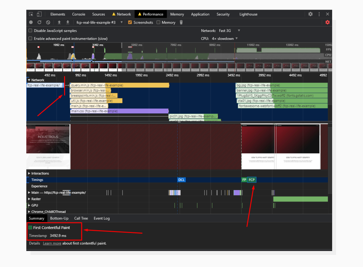 A screenshot from Chrome DevTools’ Profiling tab demonstrating First Contentful Paint