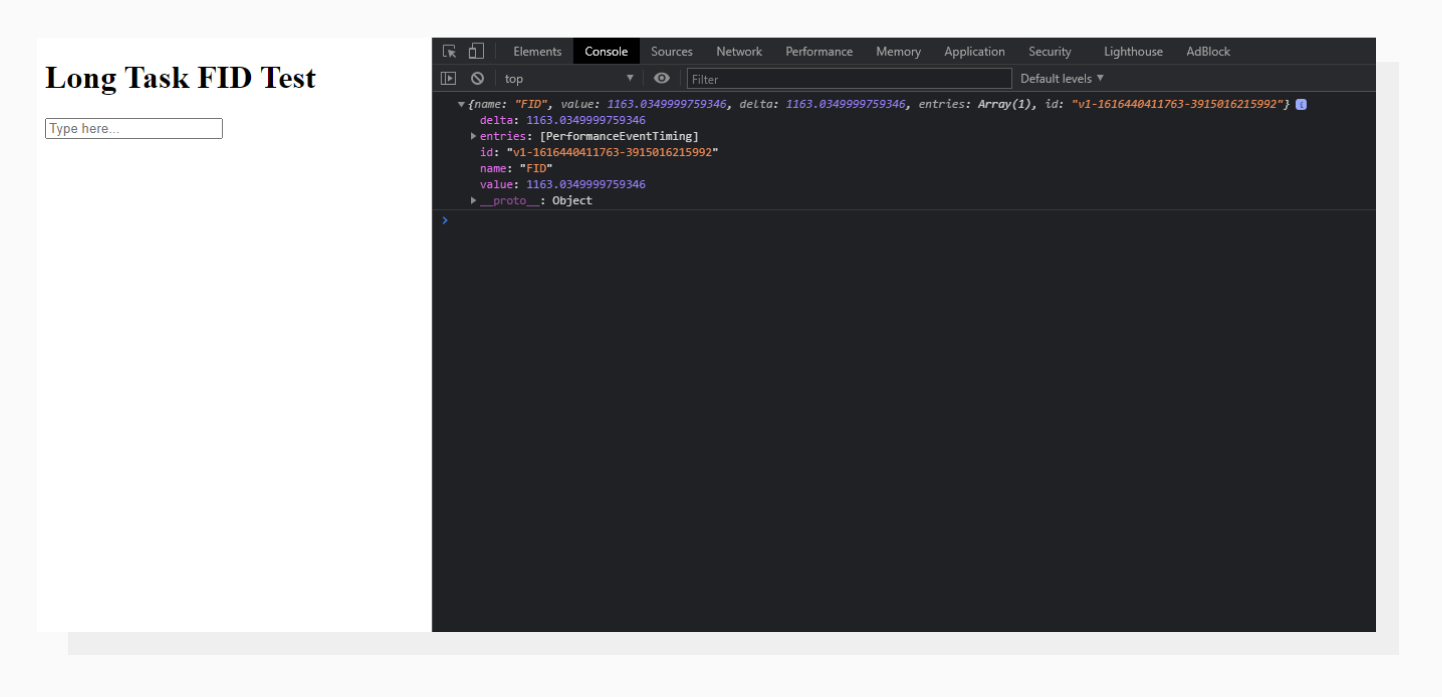 Chrome console displaying First Input Delay