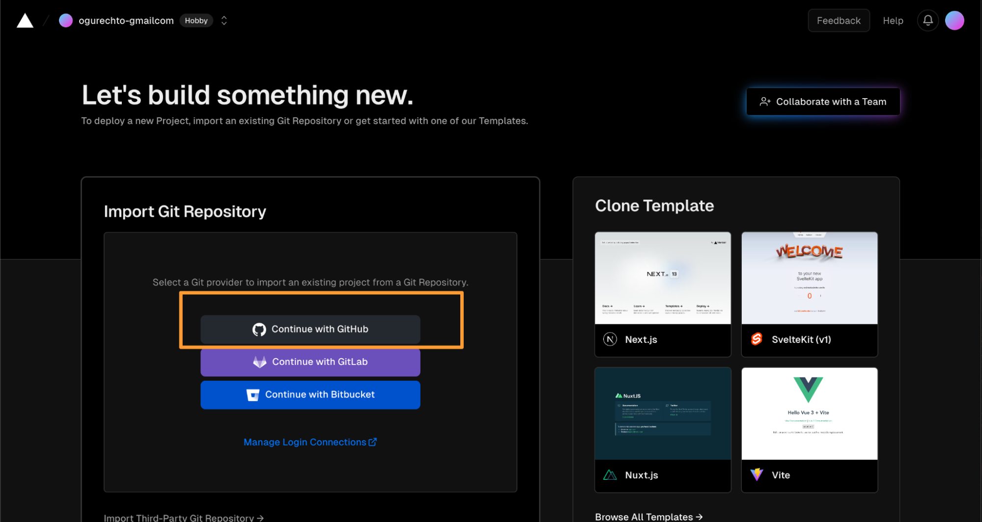Connecting a GitHub account to Vercel
