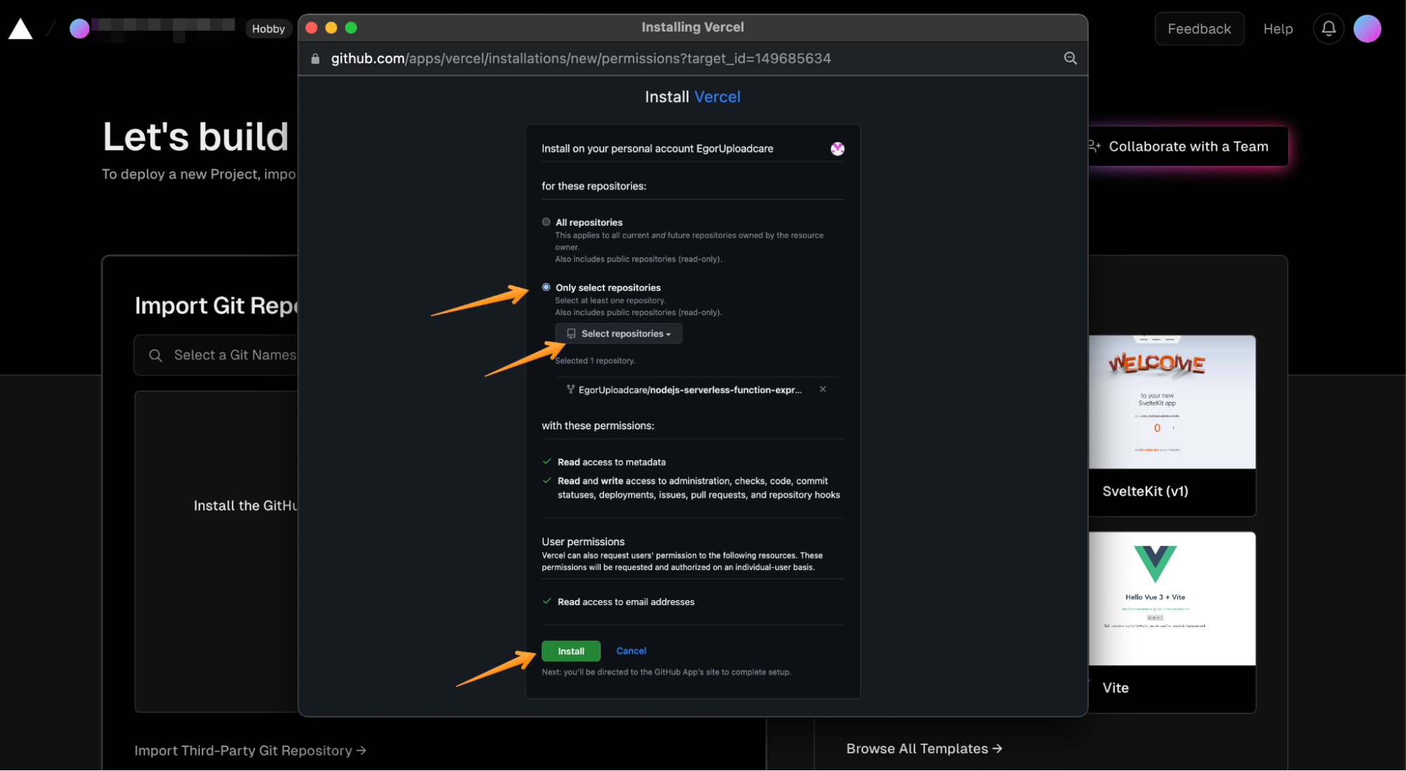 Connecting GitHub projects to Vercel