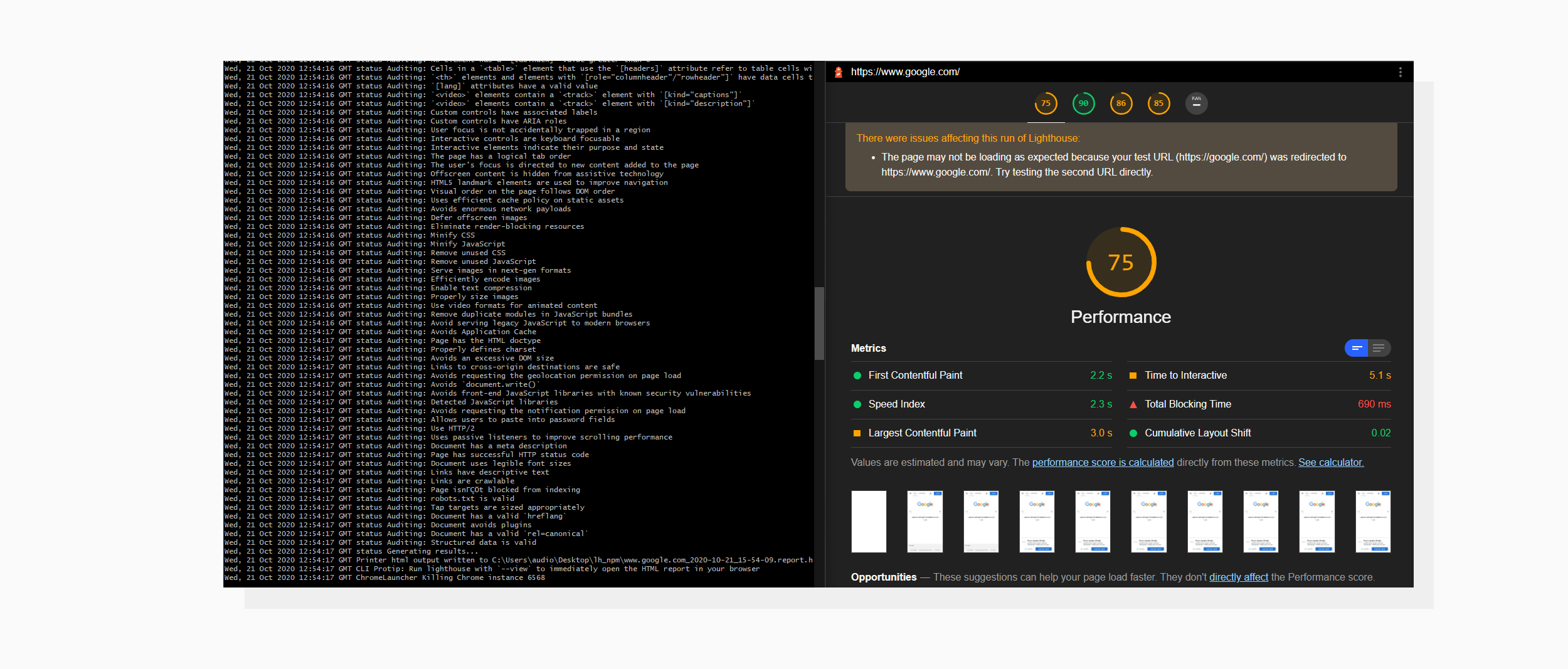 A screenshot with console output of Lighthouse Node Module and HTML file with results