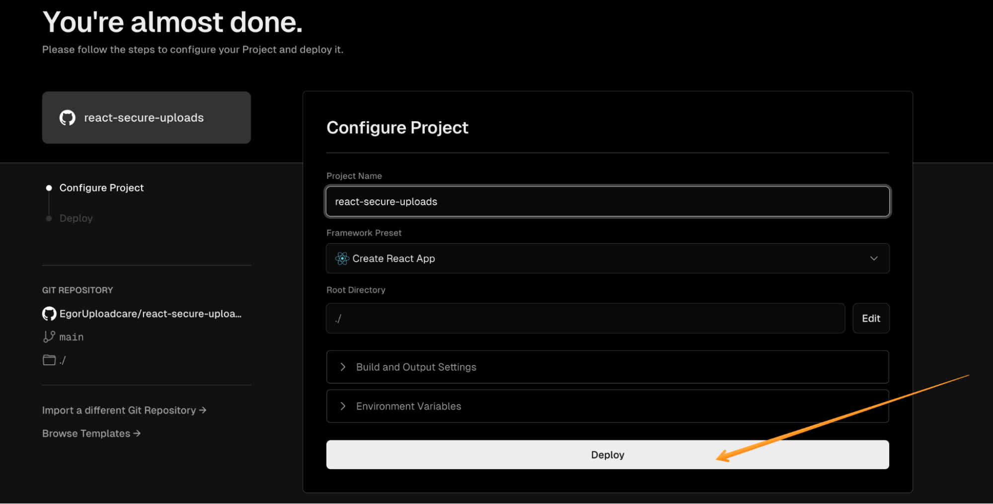 Deploying the uploader project to Vercel