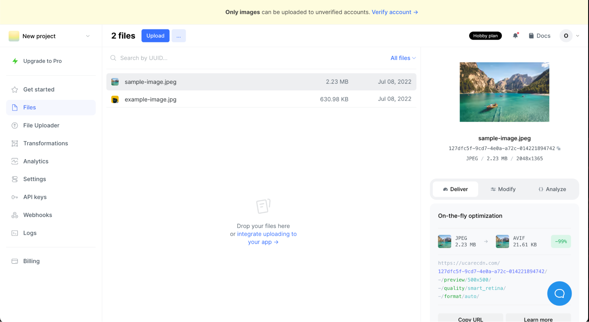 The example of Uploadcare project in the dashboard