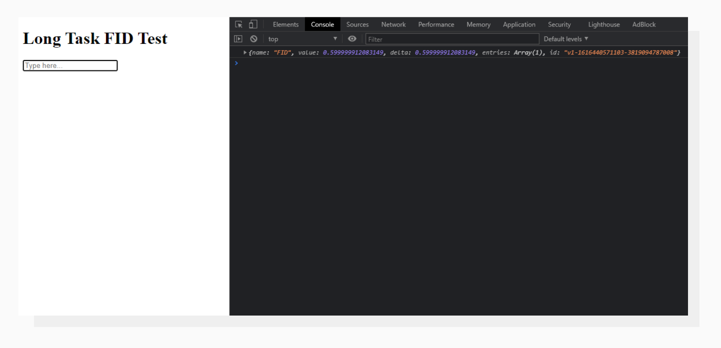 Chrome console displaying First Input Delay