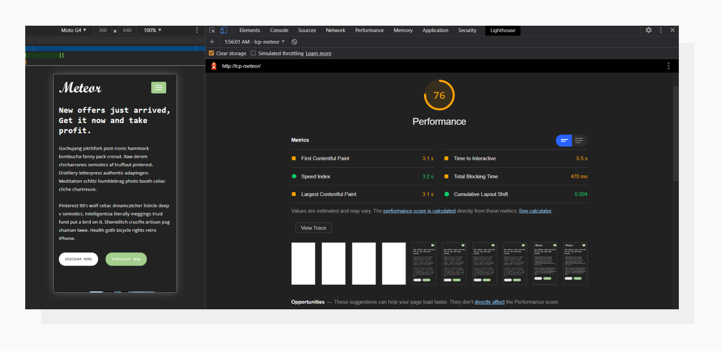 A screenshot of Google Lighthouse tool