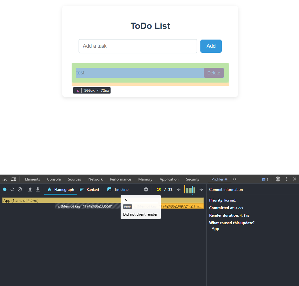 React DevTools Profiler flamegraph with a memoized item