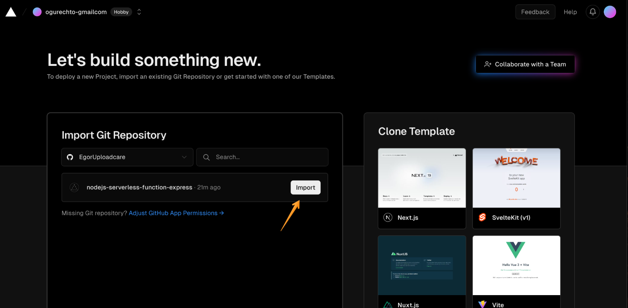 Importing the GitHub repo to Vercel