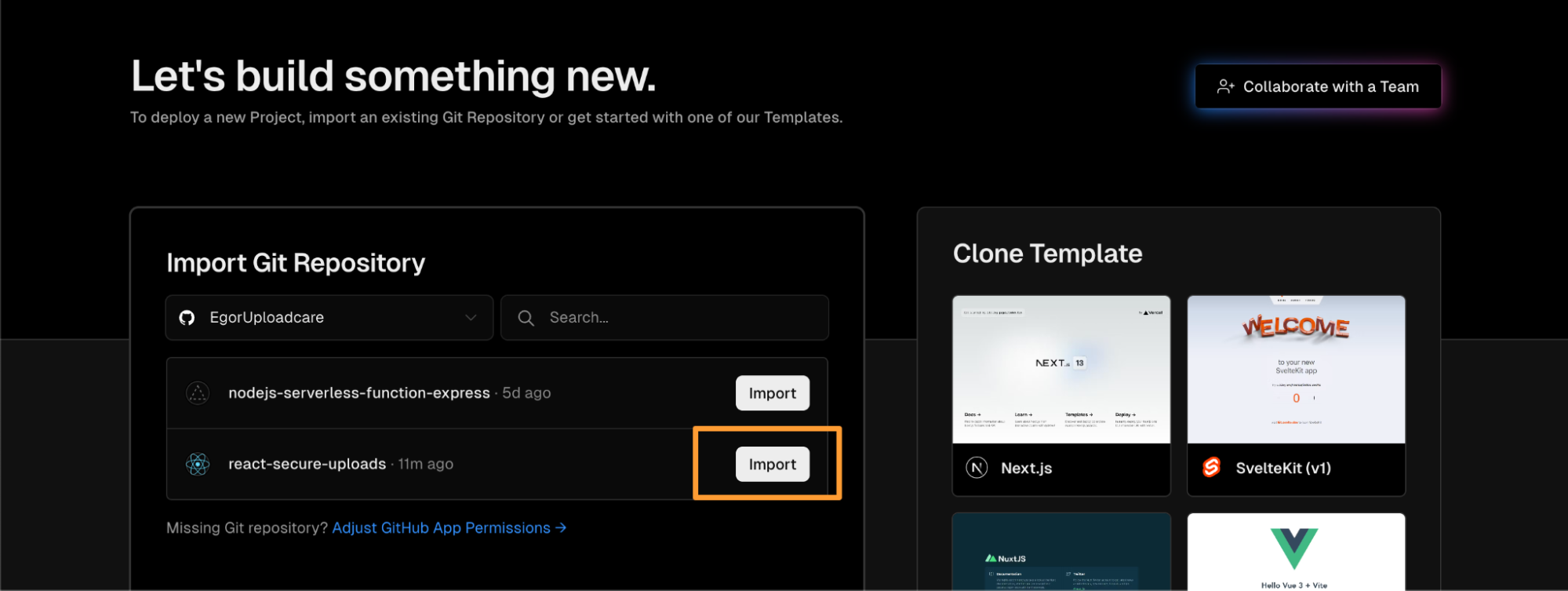 Importing the uploader repository to Vercel