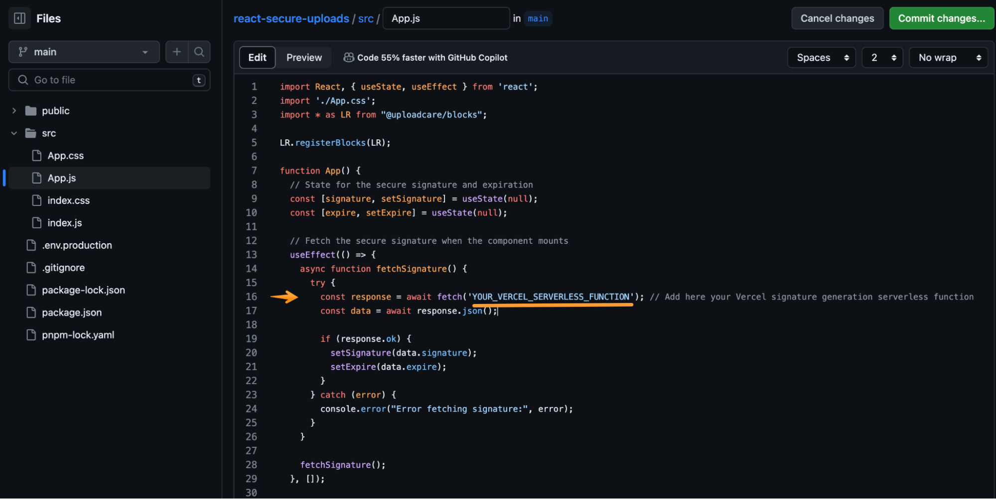 Inserting the serverless function URL to the code