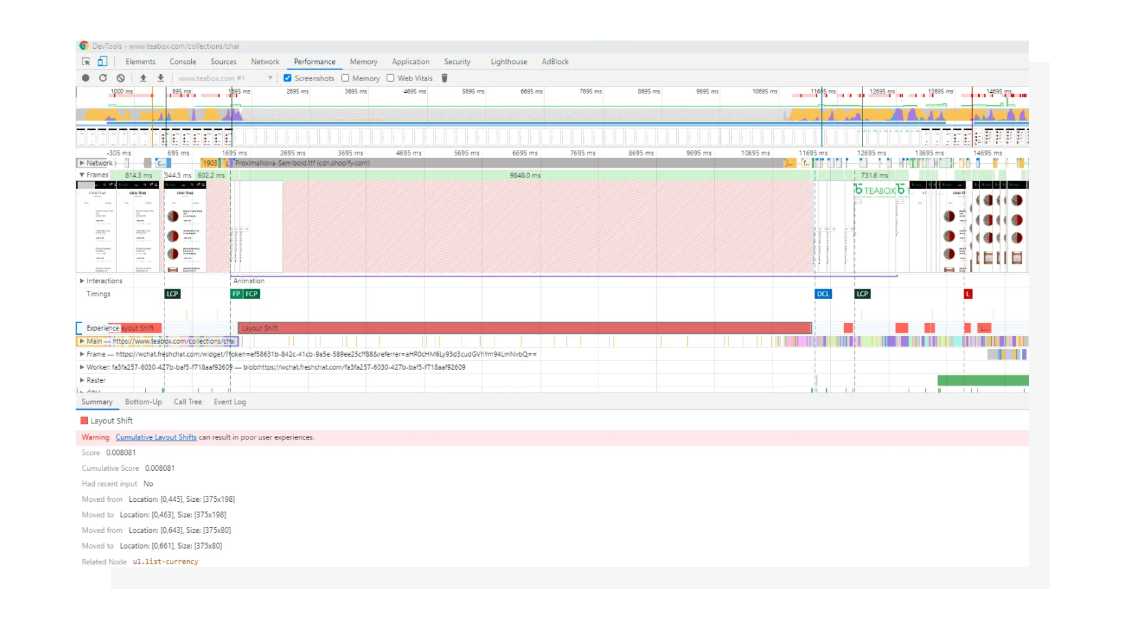 Layout shifts in Chrome DevTools