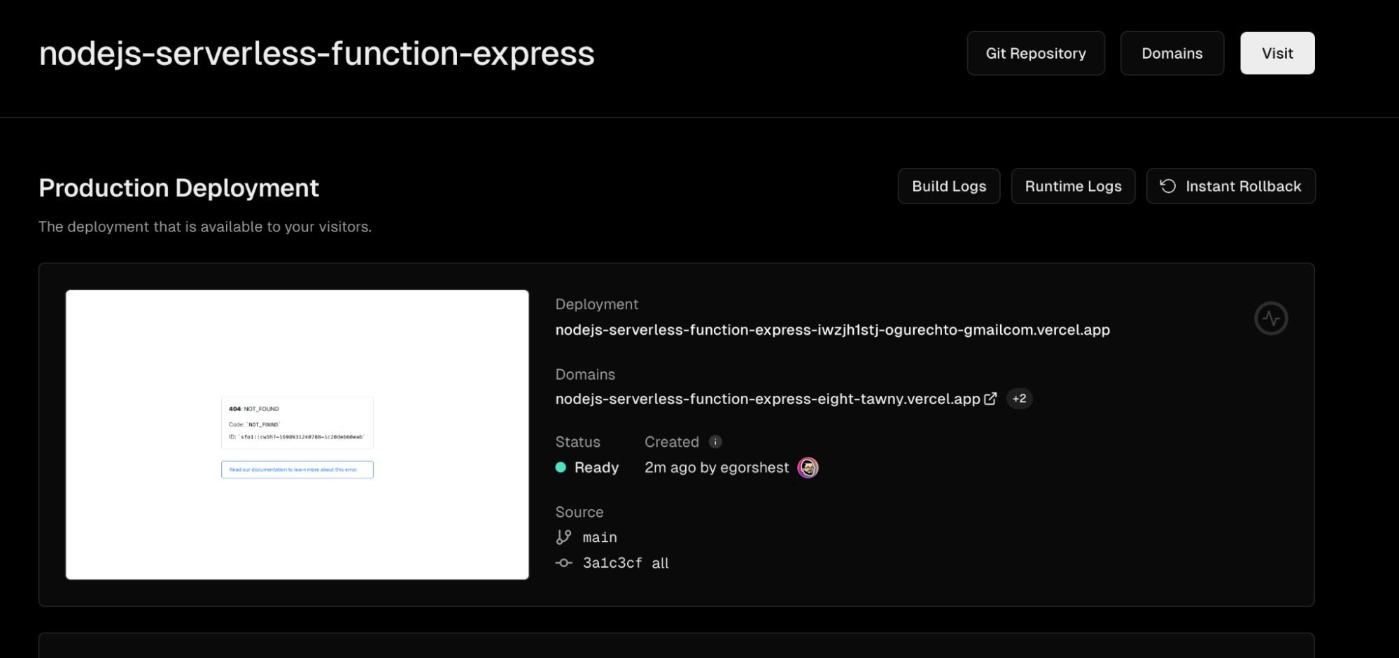 Vercel dashboard shows that the project is up and running