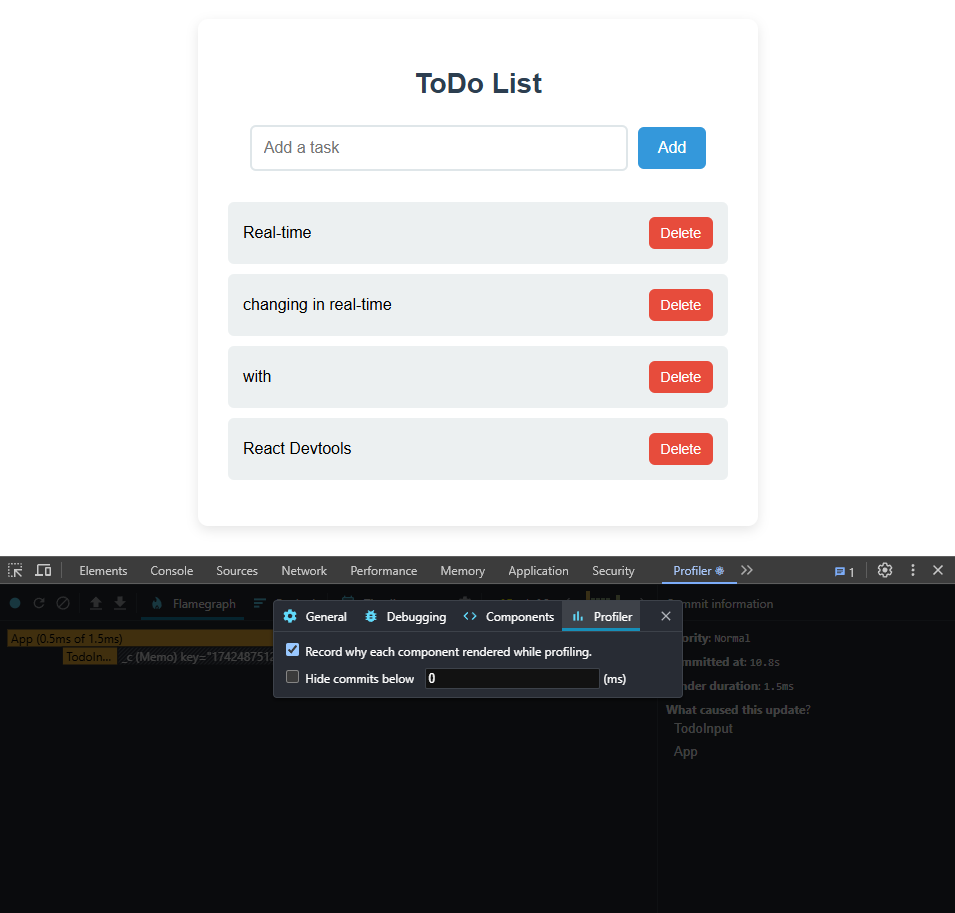 Record why each component rendered while profiling setting, React DevTools